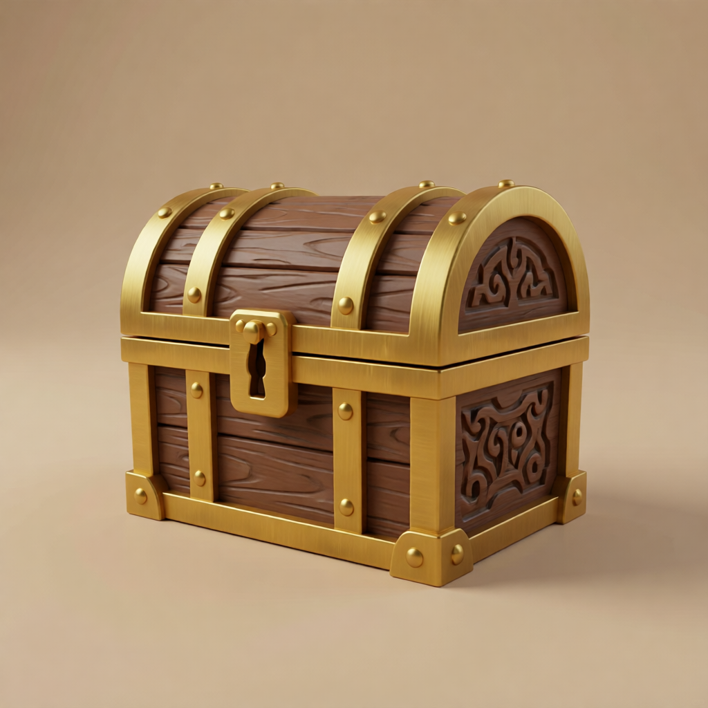 Before — Pixal3D mesh from a treasure chest render — wood and metal prop GLB for game engines.
