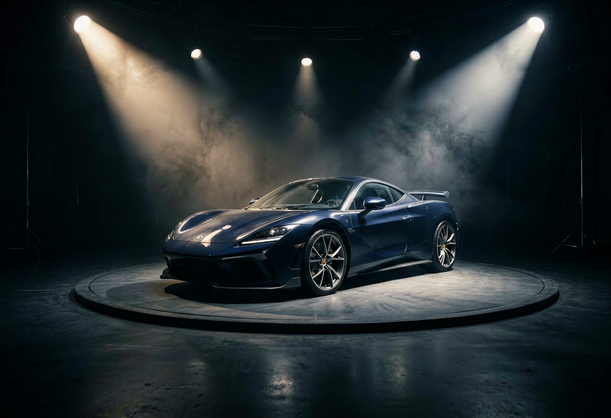 Before — Slow clockwise orbit around the sports car, constant distance, stable horizon, subtle parallax.