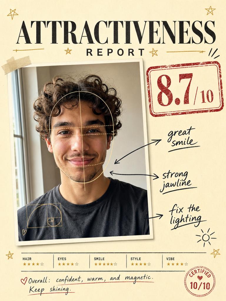 GPT Image 2 attractiveness report card with score, golden-ratio lines, and feature callouts.