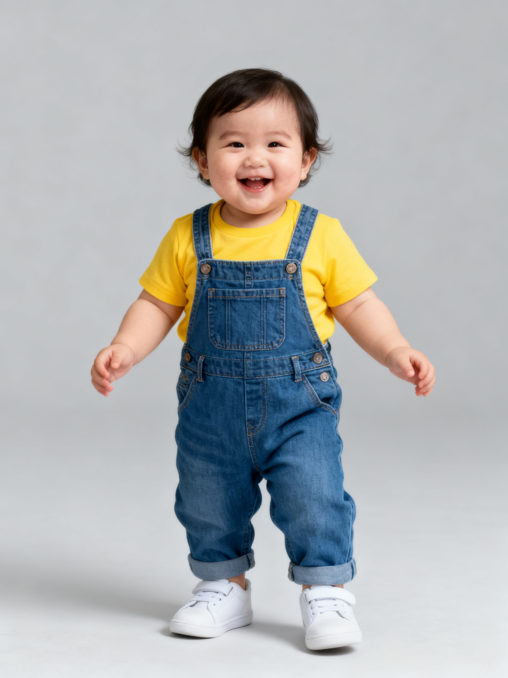 Before — A different reference dance, a different child — the baby from the photo copies the same choreography move for move, plain studio background, wholesome short dance loop
