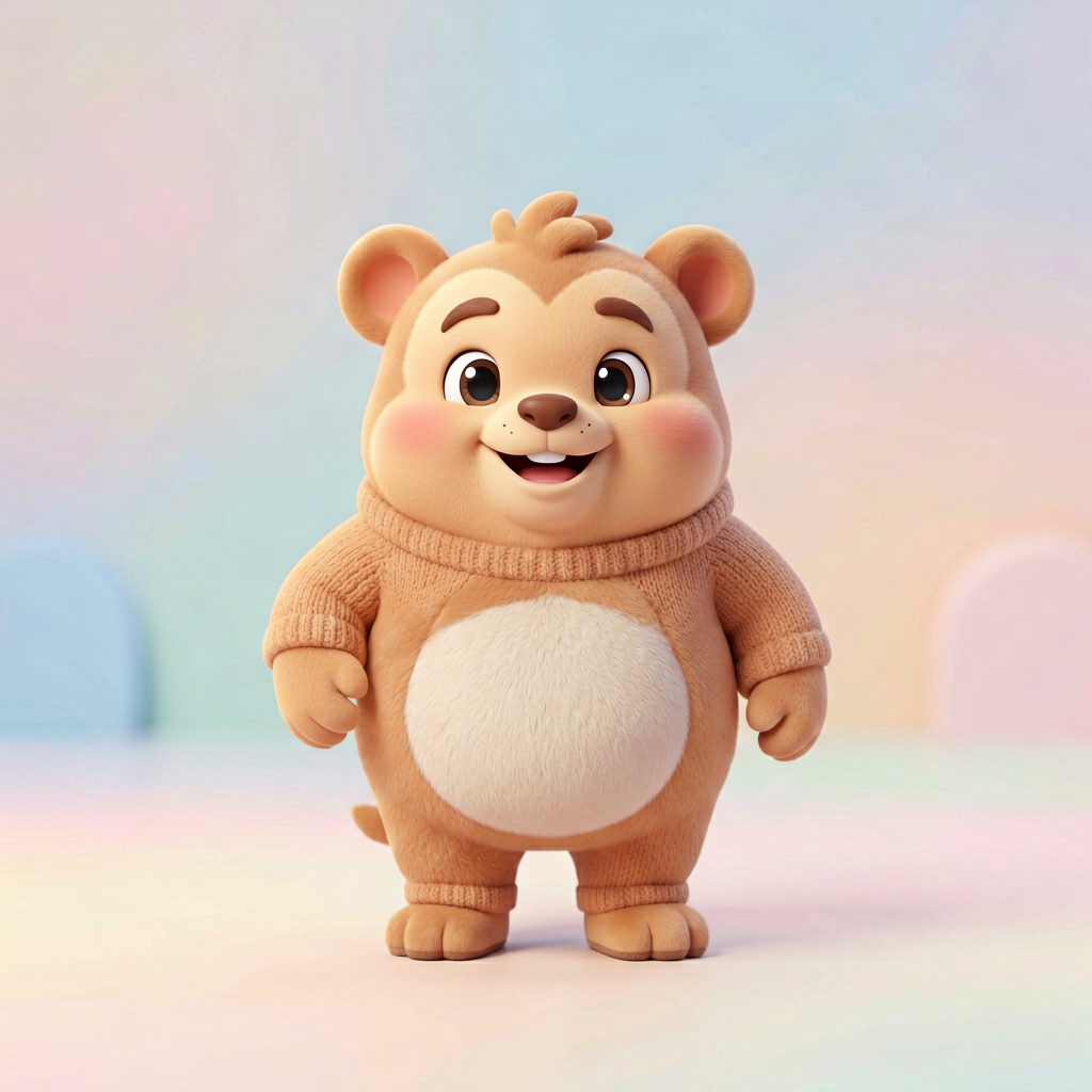 Before — A cheerful cartoon character standing on a plain pastel stage slowly inflates like a balloon, rounding out evenly while the face and outfit stay recognisable, then gently lifts and bobs off the top of the frame, smooth comedic inflation, clean background