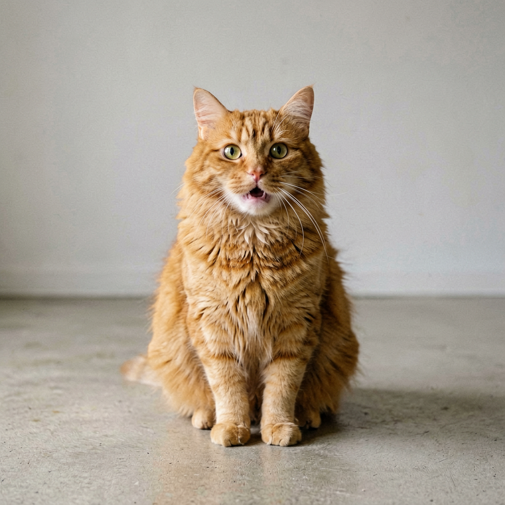 Before — A fluffy cat sitting on a simple floor puffs up round like a beach ball, fur and face kept recognisable, wobbling gently, surprised expression, funny meme inflation effect, simple clean backdrop, camera static