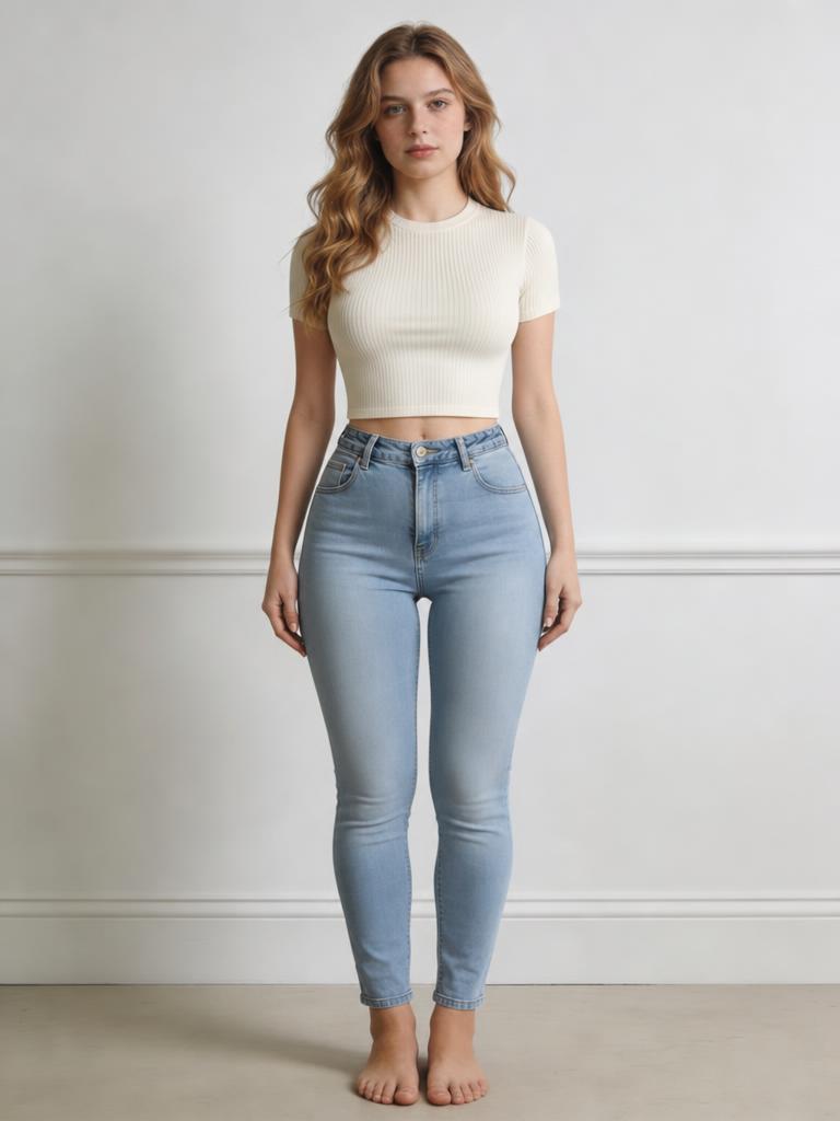 Edit only the curvy body silhouette to become dramatically slimmer — reduce waist width, flatten stomach, slim hips and upper arms by approximately 20 percent. Keep the clothing, pose, face, lighting and background exactly identical, with all straight lines behind the person perfectly straight. Must stay clearly the same person.