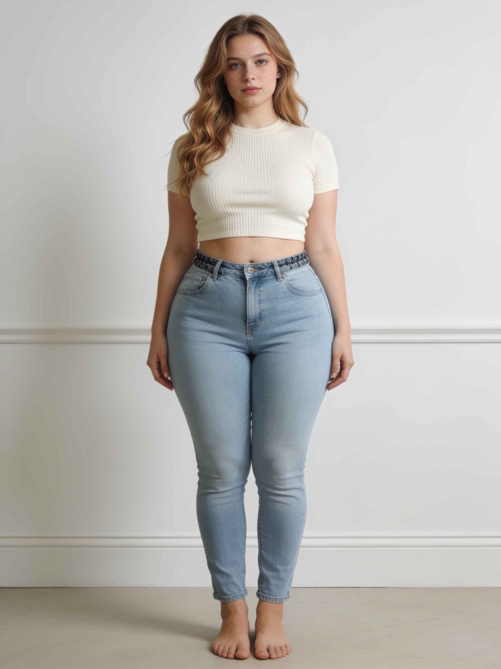 Before — Edit only the curvy body silhouette to become dramatically slimmer — reduce waist width, flatten stomach, slim hips and upper arms by approximately 20 percent. Keep the clothing, pose, face, lighting and background exactly identical, with all straight lines behind the person perfectly straight. Must stay clearly the same person.