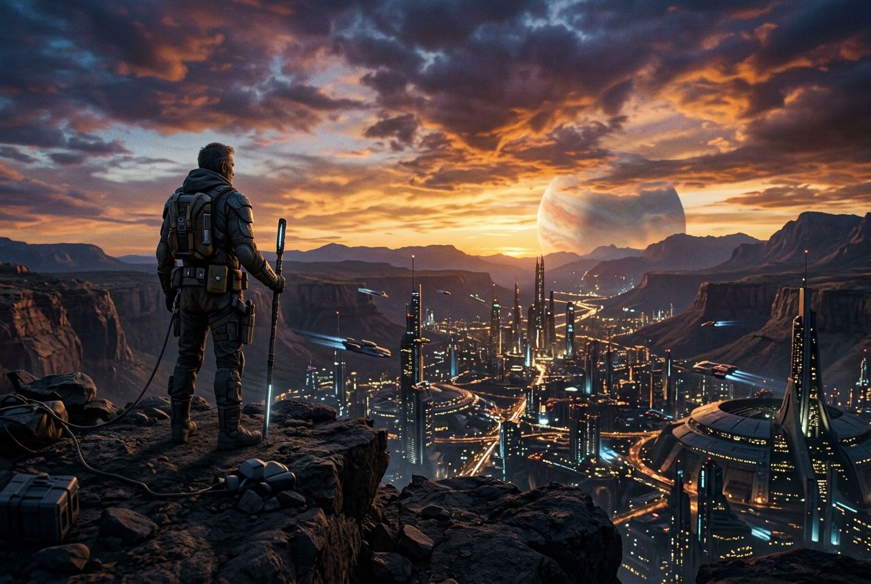 Cinematic science fiction landscape, lone explorer overlooking a glowing futuristic city at dusk, dramatic clouds with orange and purple gradients, premium film still composition, no text.
