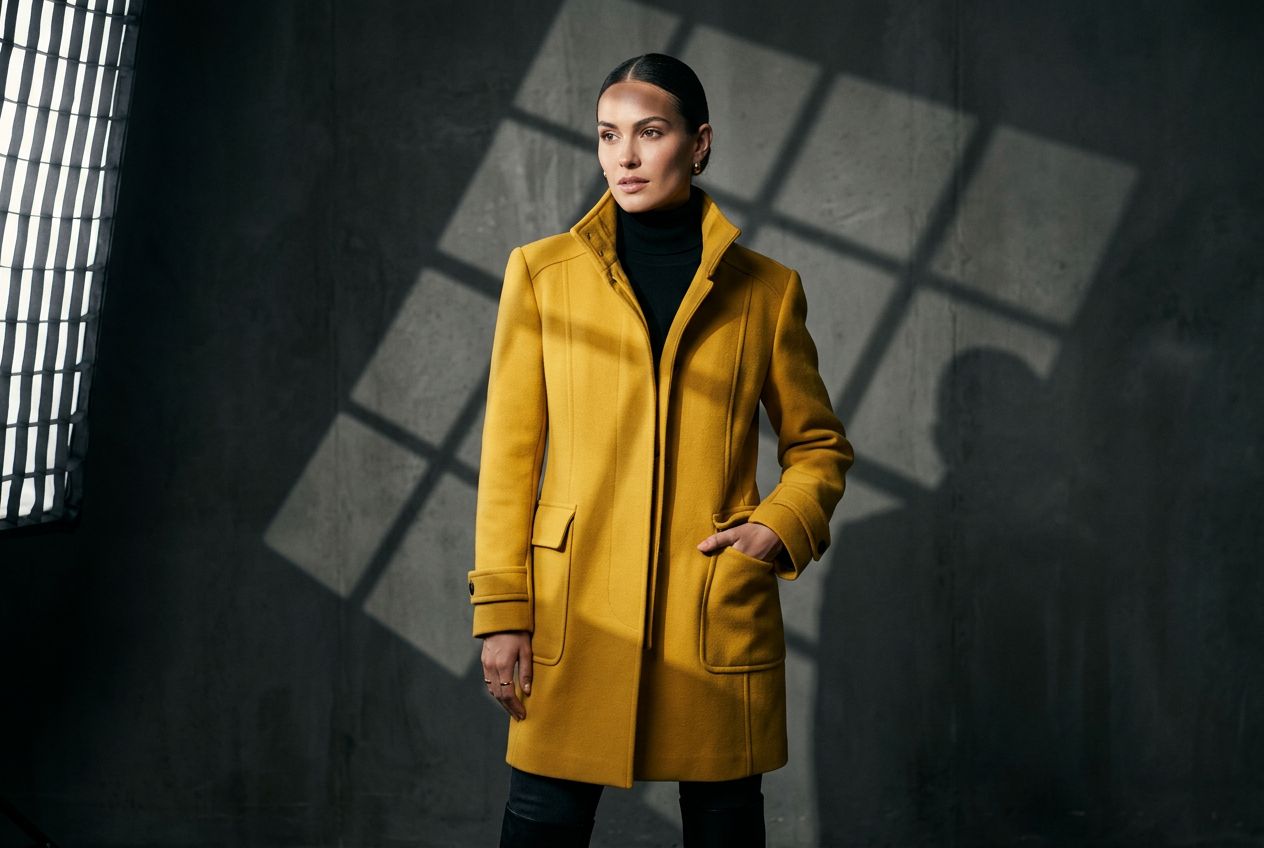 A fashion editorial portrait of an adult model wearing a structured yellow coat and black turtleneck, standing in a controlled studio with crisp side lighting creating defined shadow patterns, evoking a premium campaign aesthetic, no text.