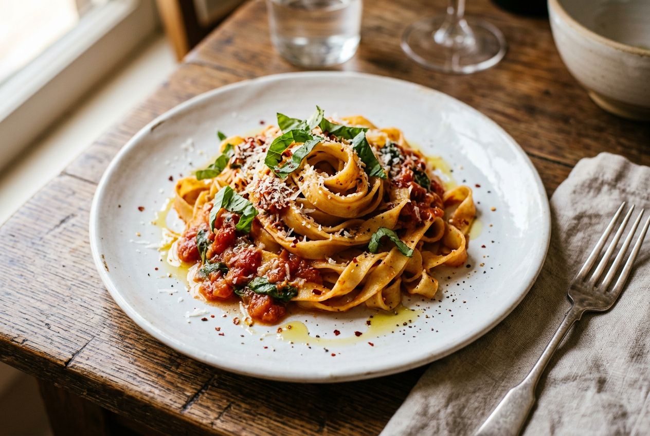 A plate of handmade pasta with basil garnish artfully arranged on white ceramic dishware, captured from a 45-degree overhead angle with warm side lighting highlighting sauce texture, styled for a restaurant cookbook, no text.
