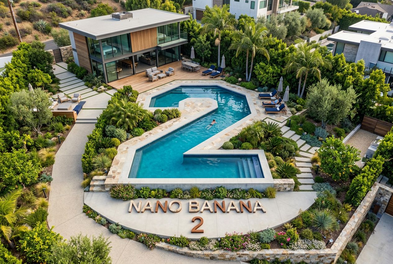 Make a photo that is perfectly isometric. It is not a miniature — it is a captured photo that just happened to be perfectly isometric. A beautiful modern garden with a large number-2-shaped pool, lush greenery, and the words Nano Banana 2 integrated naturally into the scene.