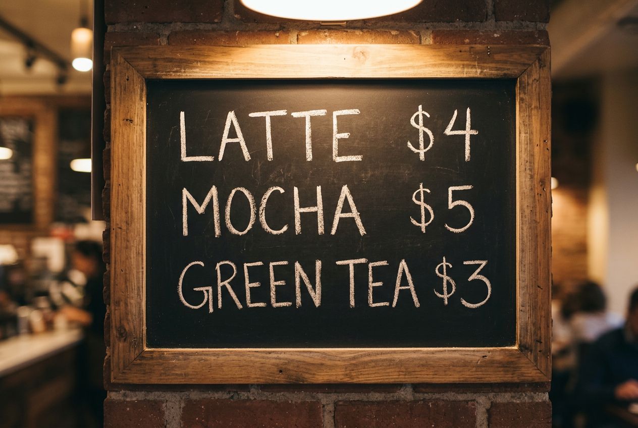 A restaurant menu board with chalk lettering on a black board in a wooden frame. Write exactly three lines: "LATTE $4", "MOCHA $5", and "GREEN TEA $3". Warm cafe lighting, legible white chalk, no extra items.
