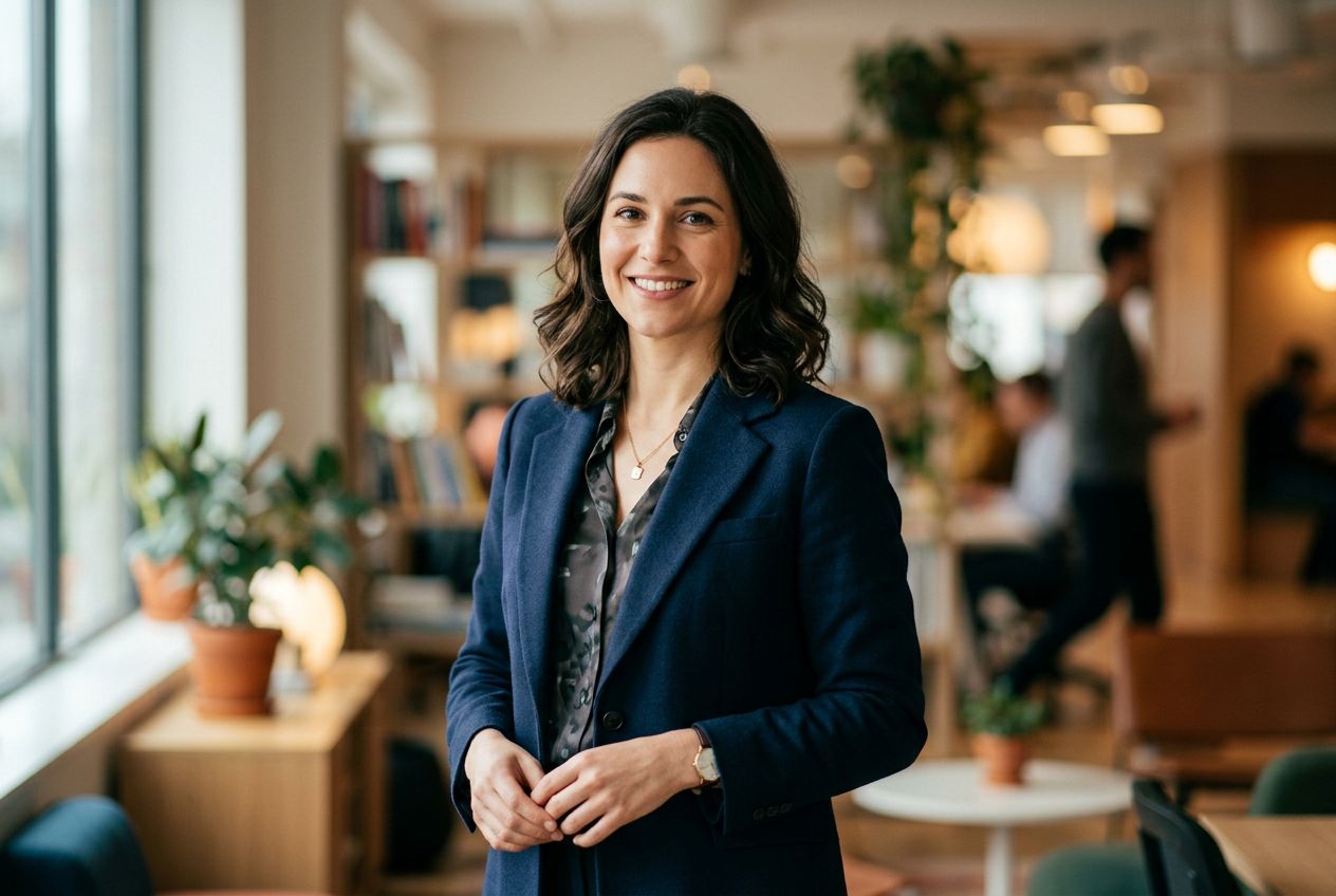 A confident woman in her early 30s wearing a navy blazer, captured in soft window light against a blurred office background, shot with an 85mm lens at f/1.8, creating a warm approachable atmosphere with subtle teal color grading, no text.