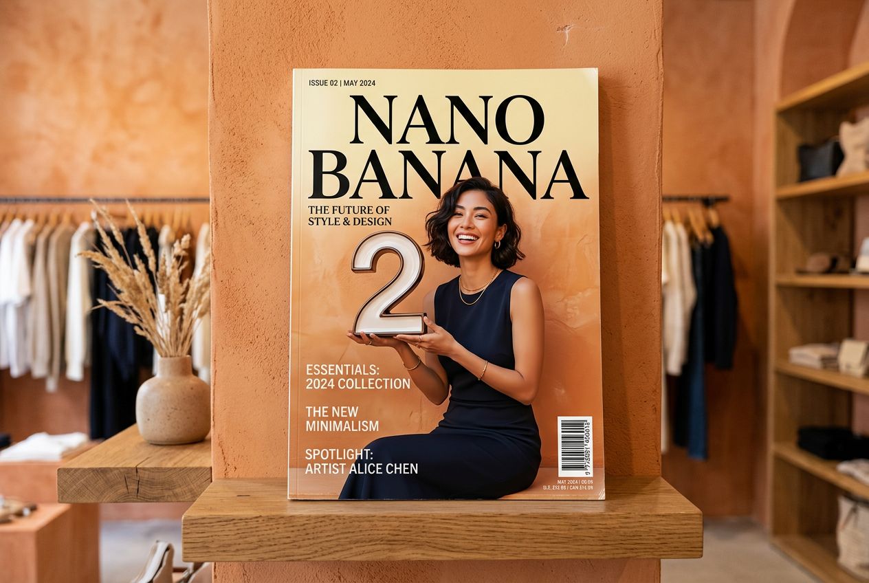 A glossy magazine cover photo with large bold serif text reading exactly "NANO BANANA" filling the upper half. A portrait of a woman in a sleek minimal dress playfully holds the number 2 as the focal point. Issue number and date in the corner with a barcode. Magazine on a shelf against an orange plaster wall in a designer store.