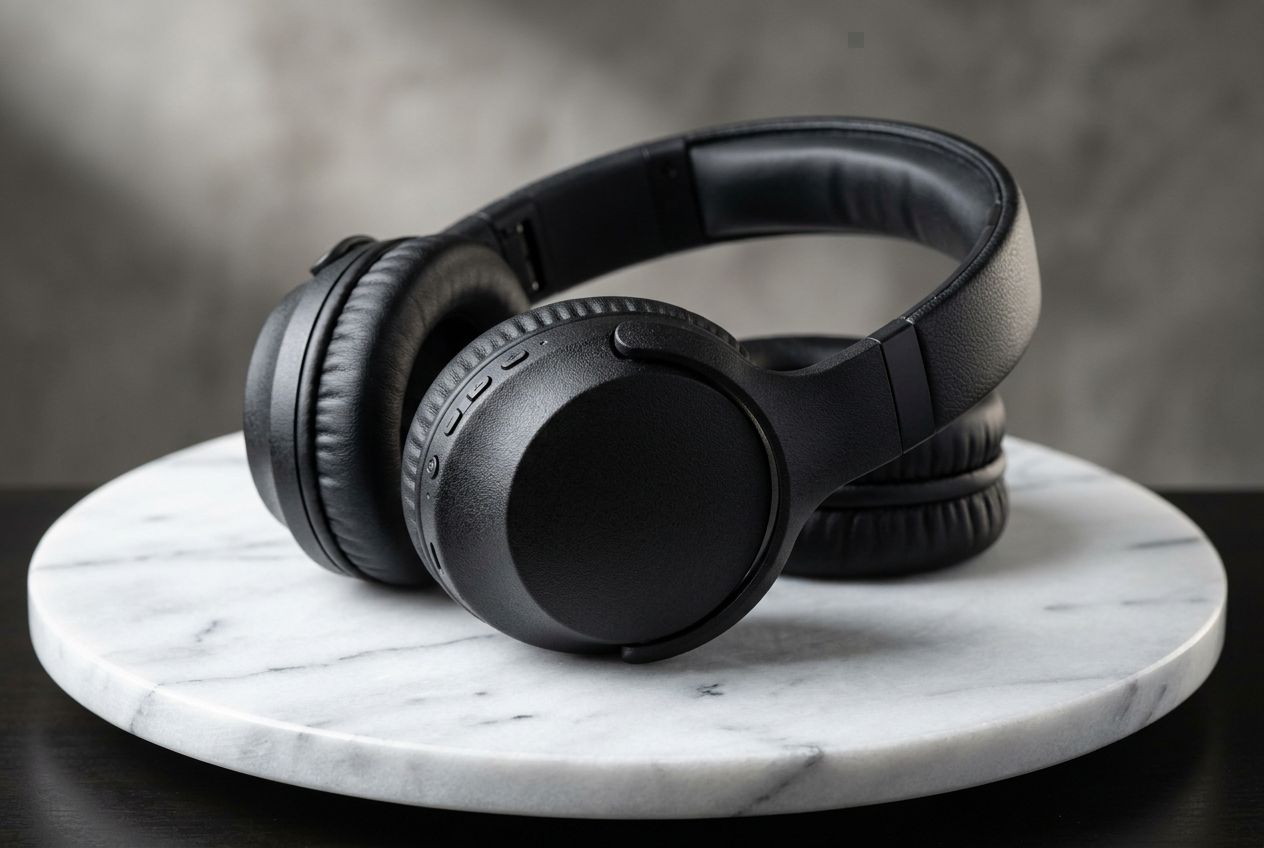 A matte black wireless headphone set positioned centered on a polished white marble pedestal, illuminated by soft studio rim light from the left creating gentle contact shadows, captured from a 3/4 front angle with focus on ear-cup texture, styled for ecommerce marketing, no text or logos.