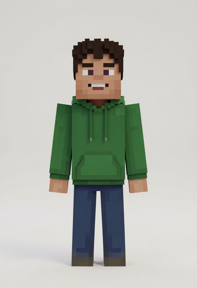 Converta esta pessoa em um personagem de Minecraft: corpo e cabeça em blocos, textura pixelada, mantenha o moletom verde, o cabelo cacheado e o sorriso reconhecíveis, corpo inteiro de frente, fundo claro neutro, estilo de render do jogo