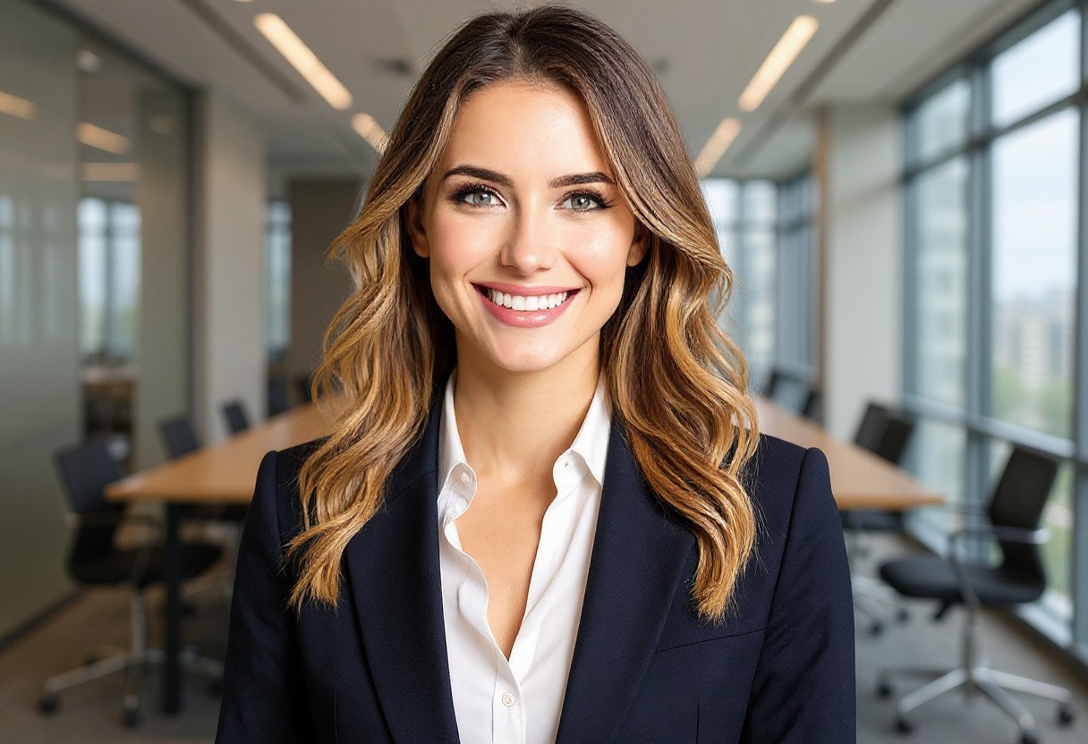 Change only the background to a bright modern corporate office with floor-to-ceiling windows — keep the person and navy blazer identical.