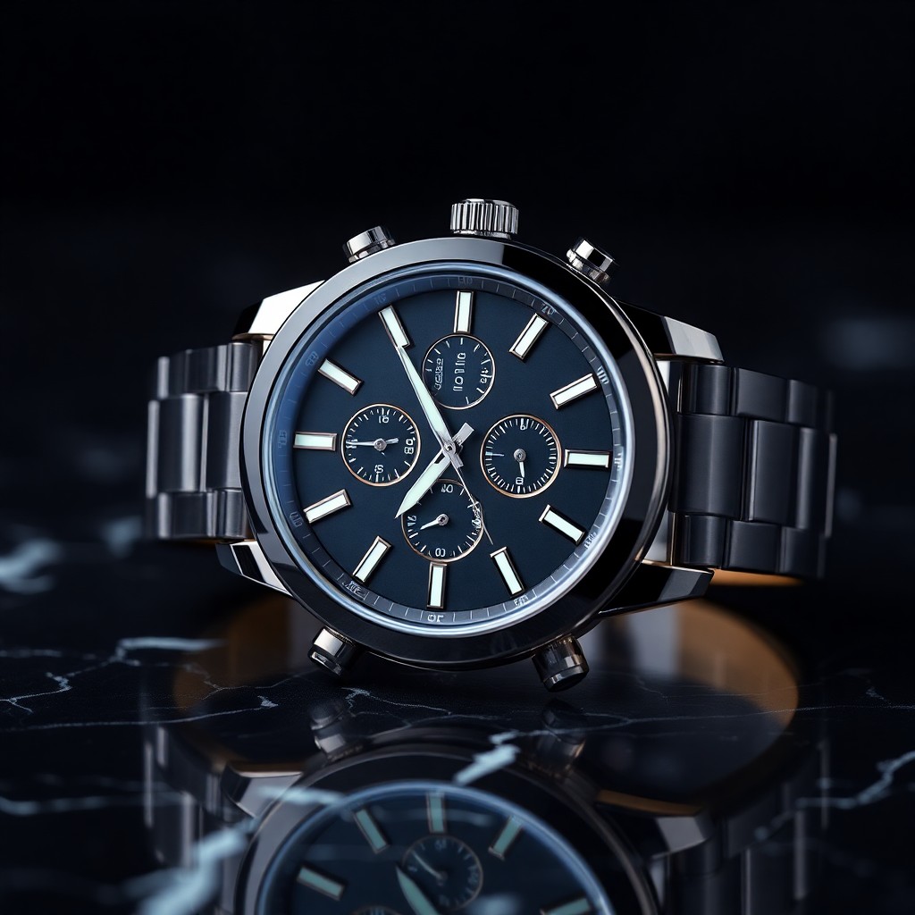 Before — Gentle 15-degree orbit around centered product, soft studio shadow, static background. Keep product shape and dial detail identical.