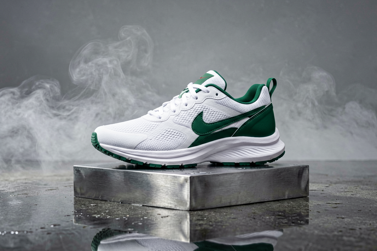 Premium editorial product photo of a white and deep green running sneaker on a brushed steel plinth.