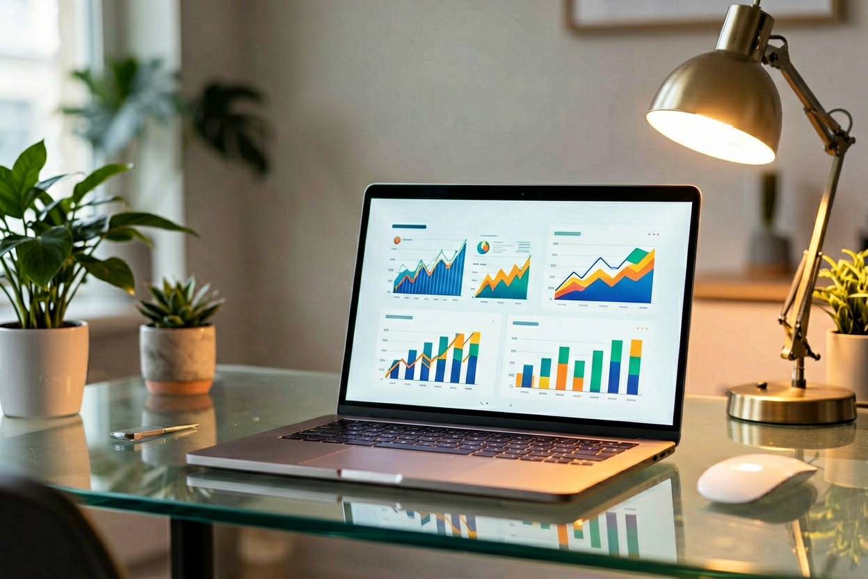 Modern SaaS workspace hero image with abstract dashboard shapes and warm desk lighting.