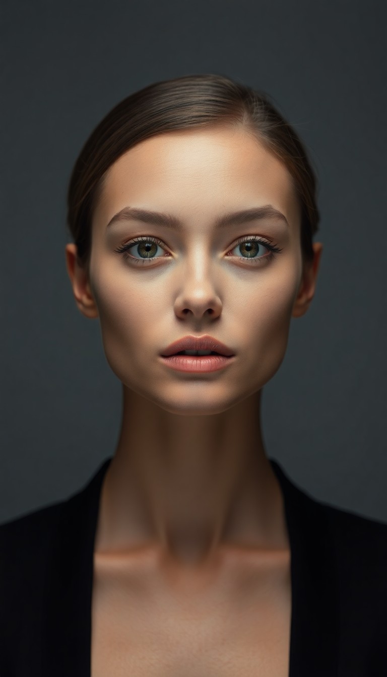 Before — Subtle breathing and gentle hair movement, soft studio lighting unchanged, slow push in, static horizon.
