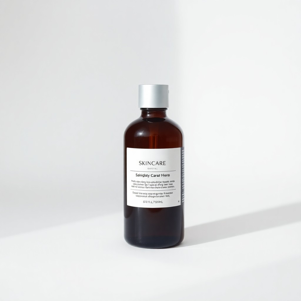 Before — Slow gentle orbit around the skincare bottle, soft studio shadow, label text stays sharp.