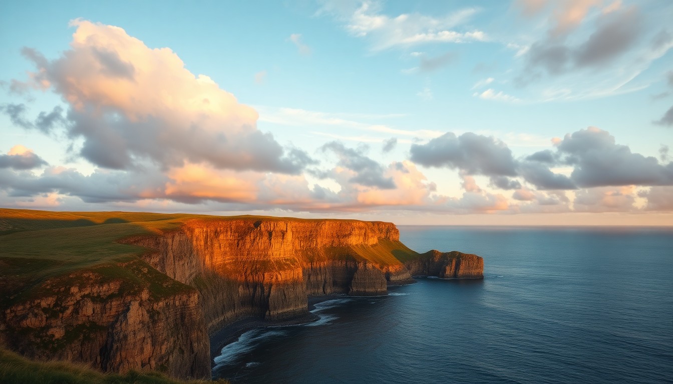 Before — Slow cinematic push in over coastal cliffs at golden hour, gentle cloud drift, subtle parallax, static horizon.